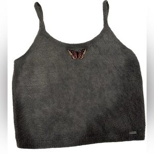 Hollister Fuzzy Gray Butterfly Cropped Spaghetti Strap Tank Top - Women's Large